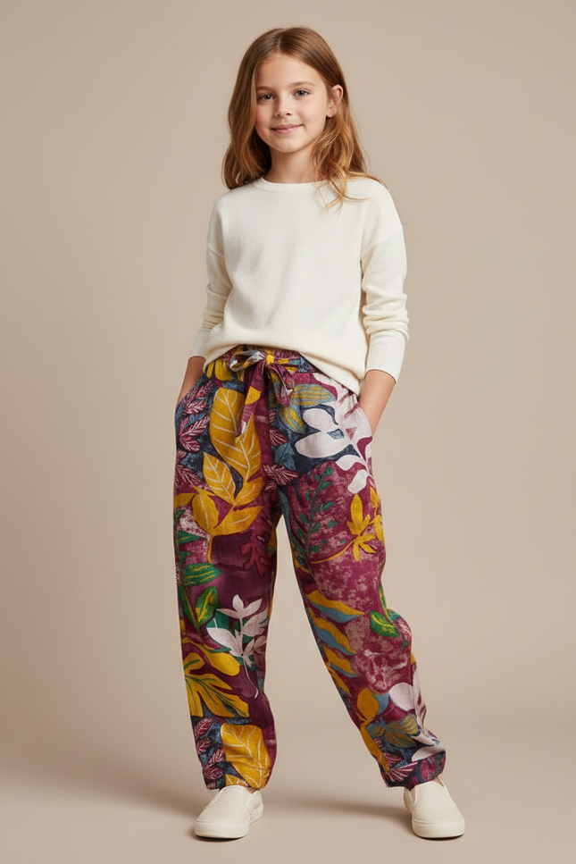 Pantalon Baggy Imprimé Floral Ample Coton Lin Enfant - Multicolore