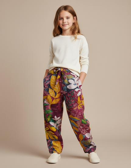 Pantalon Baggy Imprimé Floral Ample Coton Lin Enfant - Multicolore