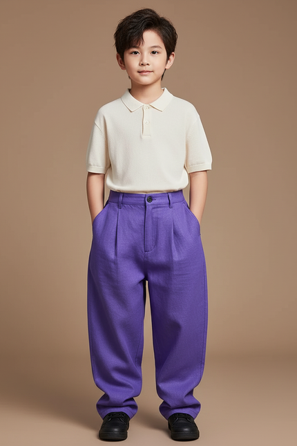 Pantalon Baggy Violet Ample Plissé Décontracté - Laine