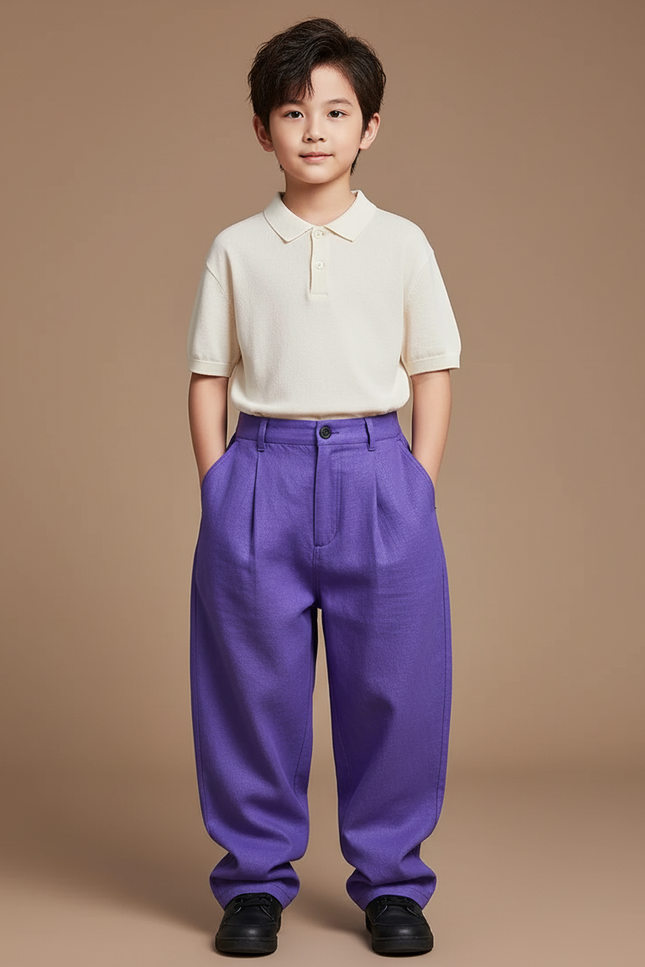 Pantalon Baggy Violet Ample Plissé Décontracté - Laine