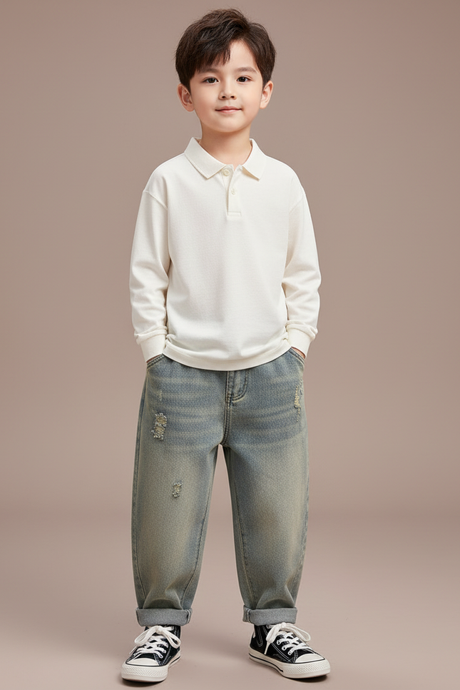 Pantalon Baggy Jean Bleu Délavé Ample Déchiré Garçon