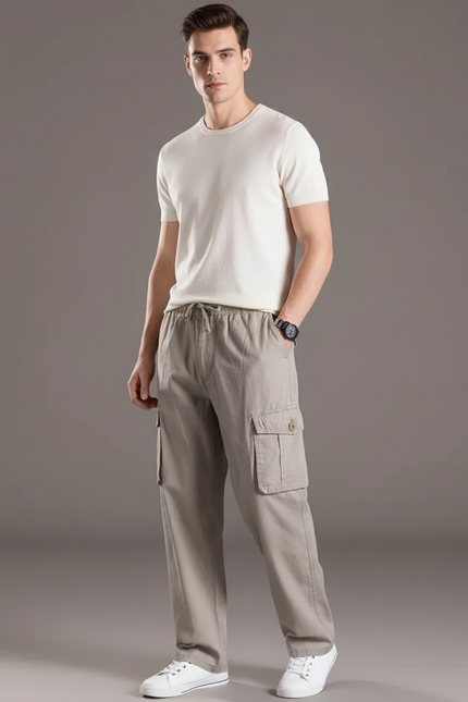 Pantalon Baggy Gris Coton Cargo Décontracté Homme - Kaki Toile