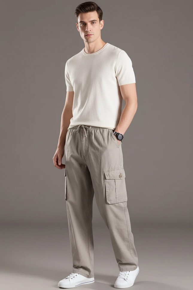 Pantalon Baggy Gris Coton Cargo Décontracté Homme - Kaki Toile