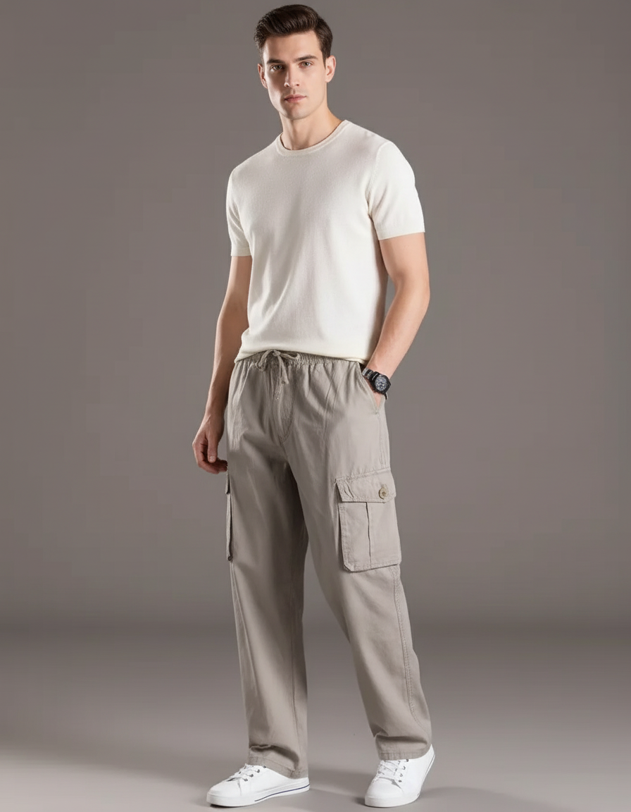 Pantalon Baggy Gris Coton Cargo Décontracté Homme - Kaki Toile