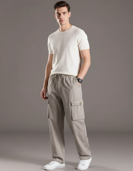 Pantalon Baggy Gris Coton Cargo Décontracté Homme - Kaki Toile
