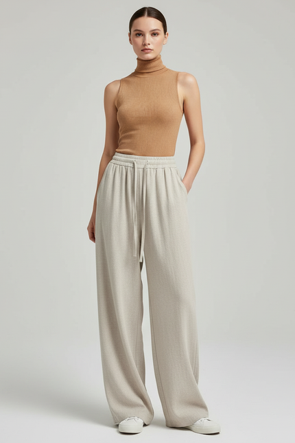 Pantalon Baggy Beige Ample Fluide Décontracté Cordon - Laine