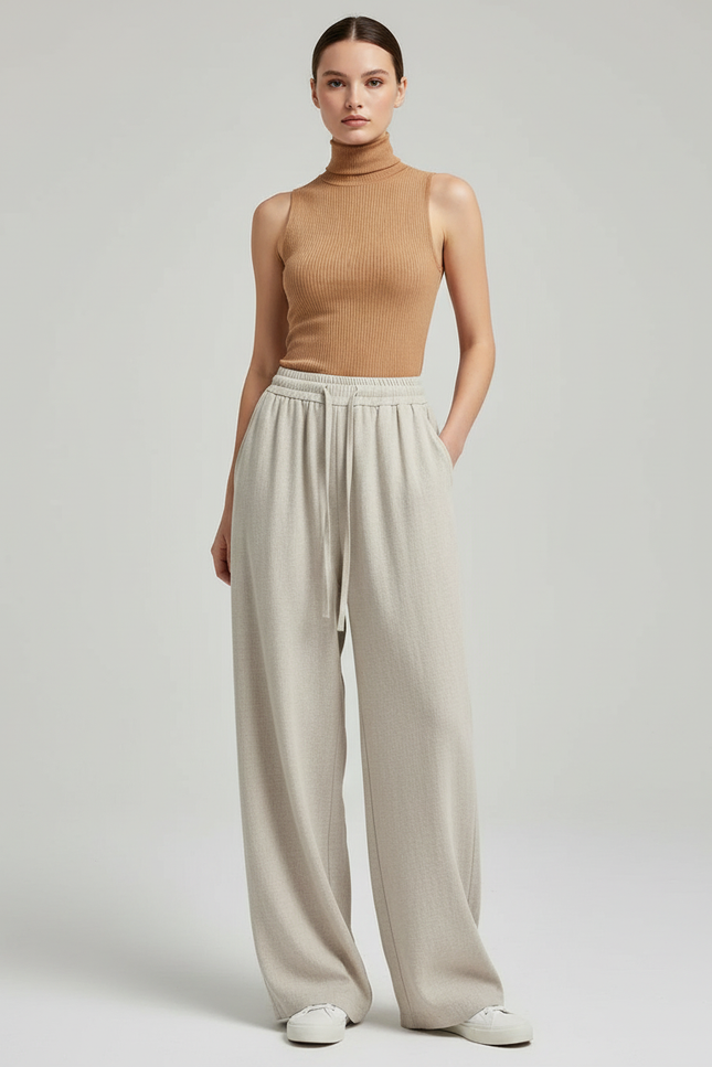 Pantalon Baggy Beige Ample Fluide Décontracté Cordon - Laine