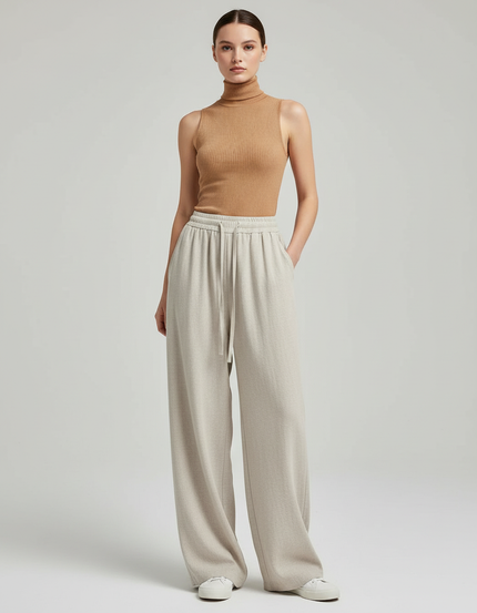 Pantalon Baggy Beige Ample Fluide Décontracté Cordon - Laine