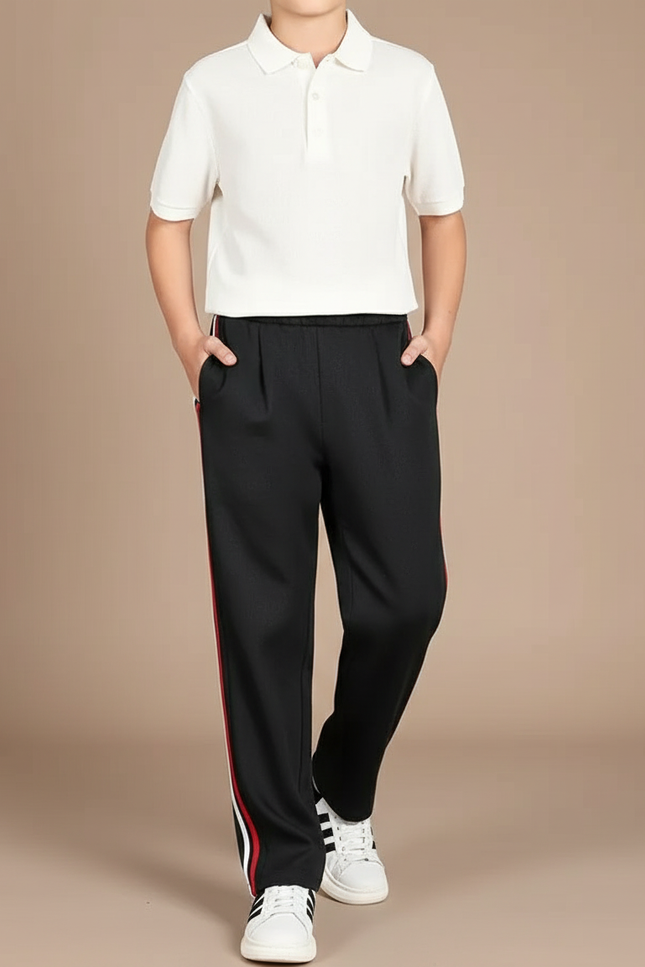 Pantalon Baggy Noir Rayures Latérales Blanches Rouges - Polyester