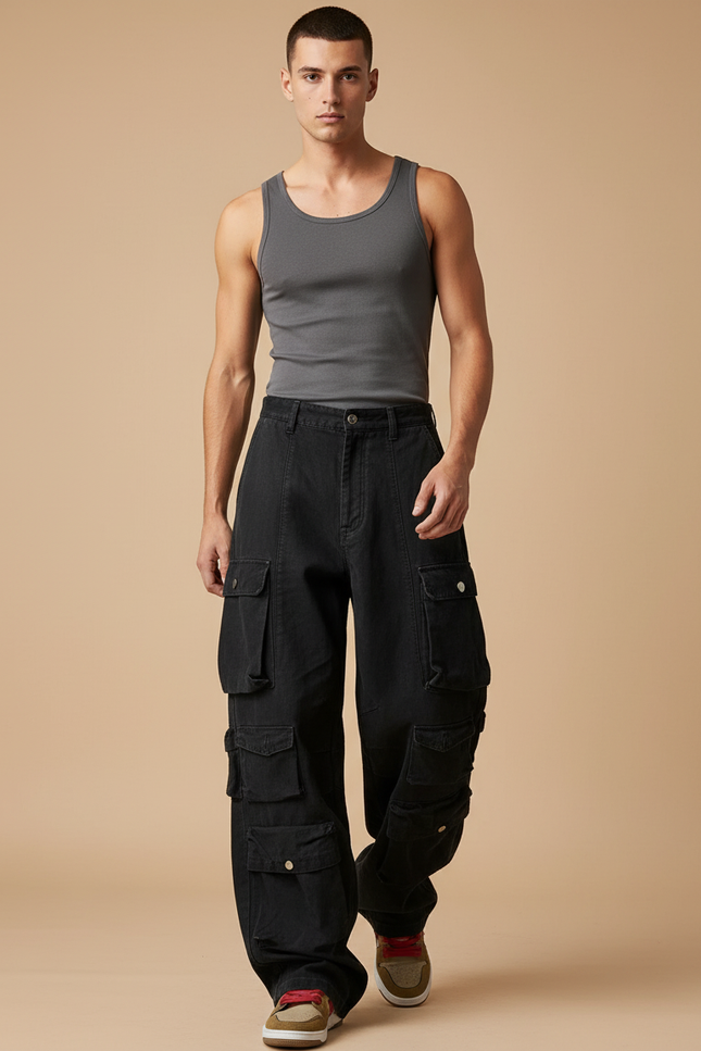 Pantalon Baggy Noir Cargo Ample Multi-Poches Homme - Toile