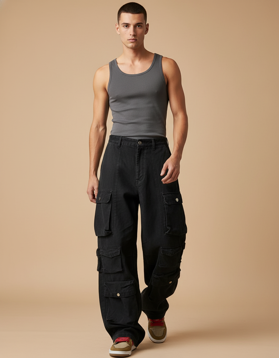 Pantalon Baggy Noir Cargo Ample Multi-Poches Homme - Toile