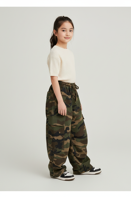 Pantalon Baggy Camouflage Ample Cargo Militaire Enfant - Multicolore Toile
