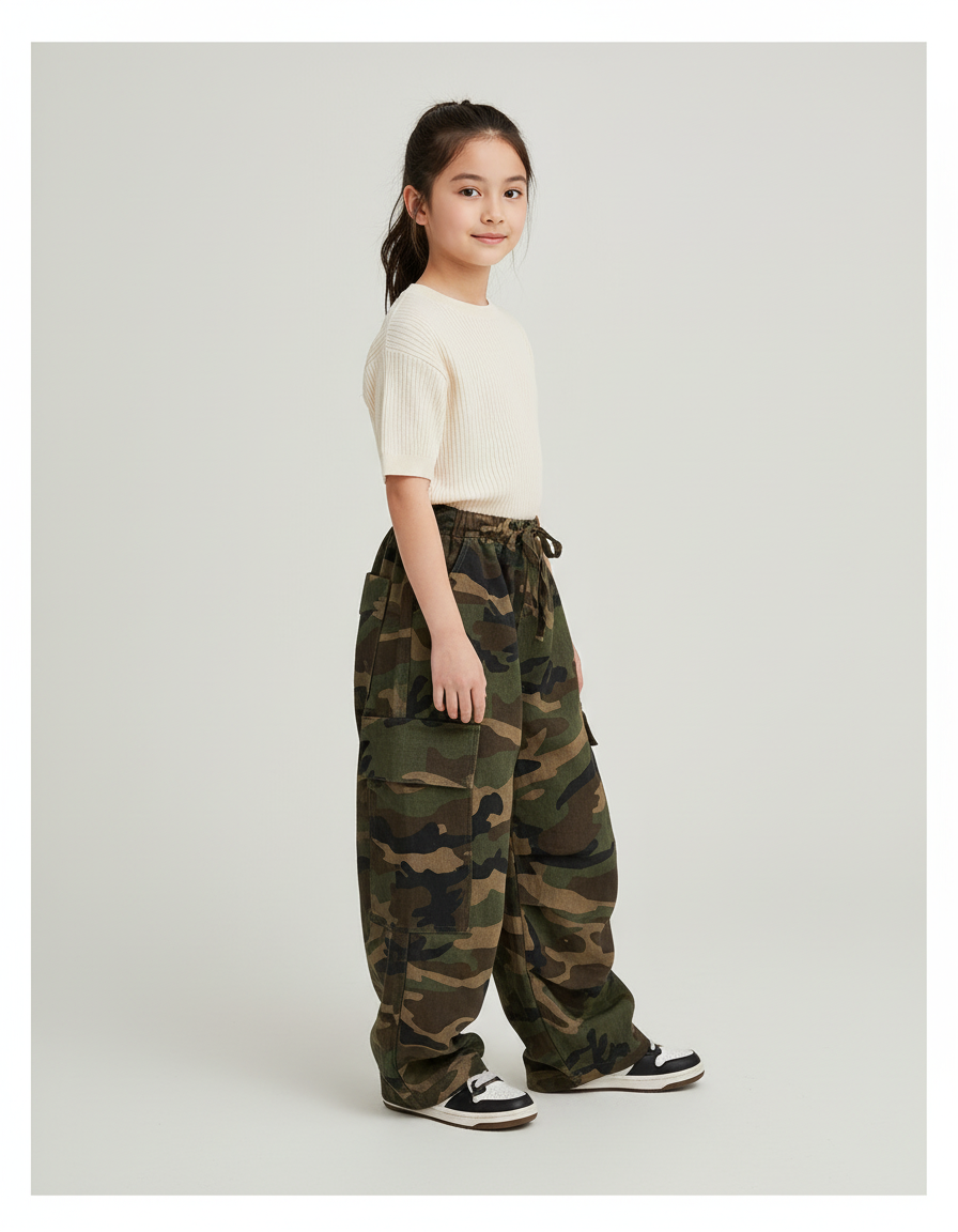 Pantalon Baggy Camouflage Ample Cargo Militaire Enfant - Multicolore Toile