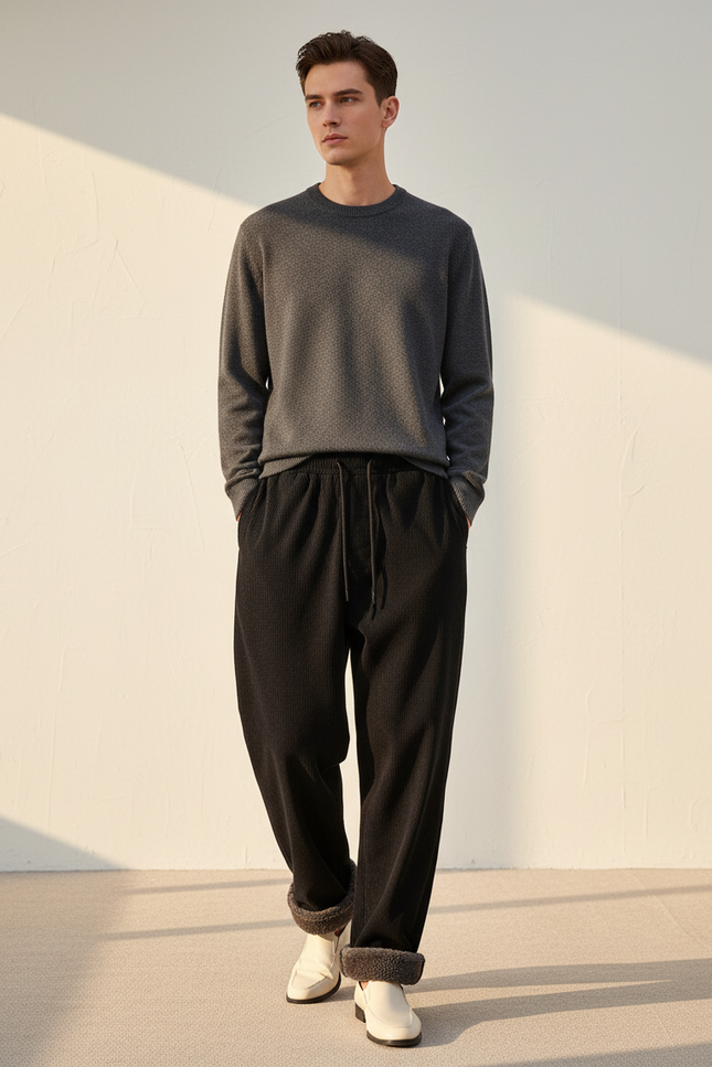 Pantalon Baggy Noir Côtelé Doublé Chaud Ample - Cordé