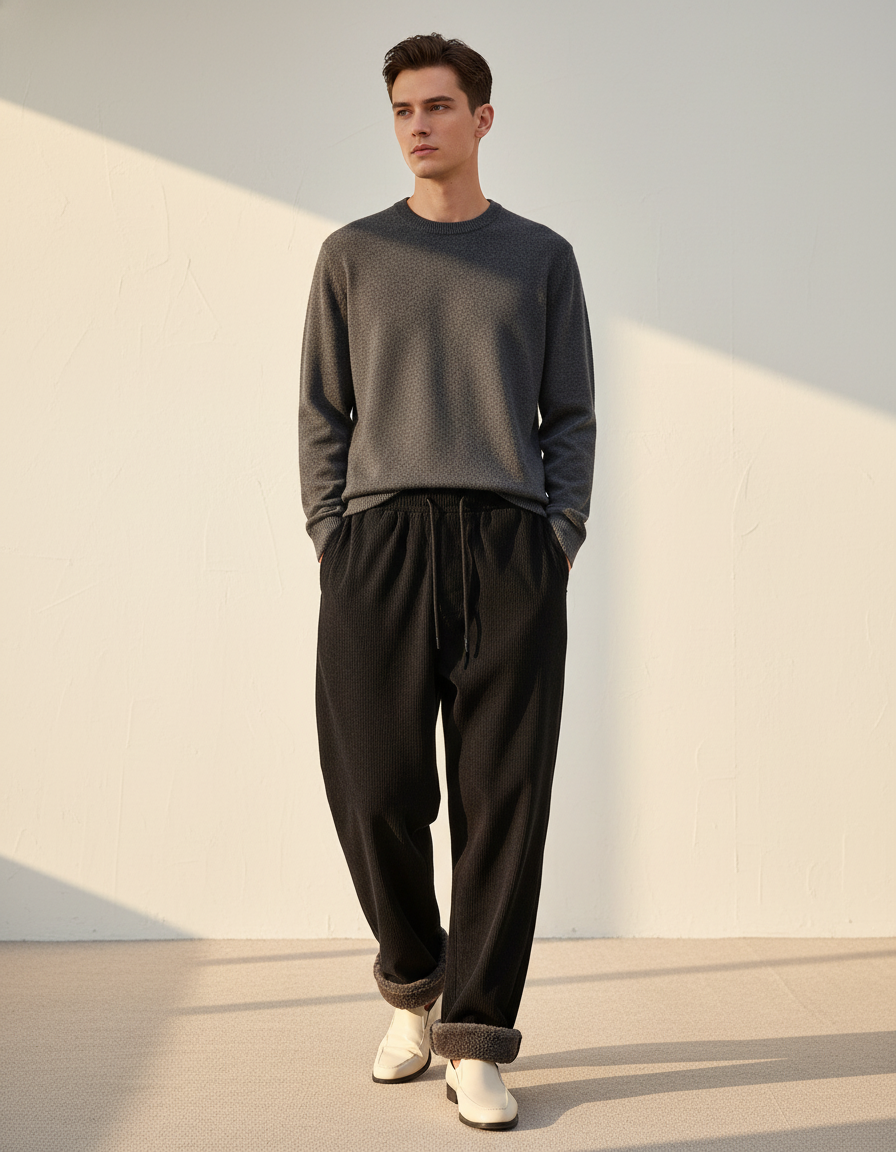 Pantalon Baggy Noir Côtelé Doublé Chaud Ample - Cordé