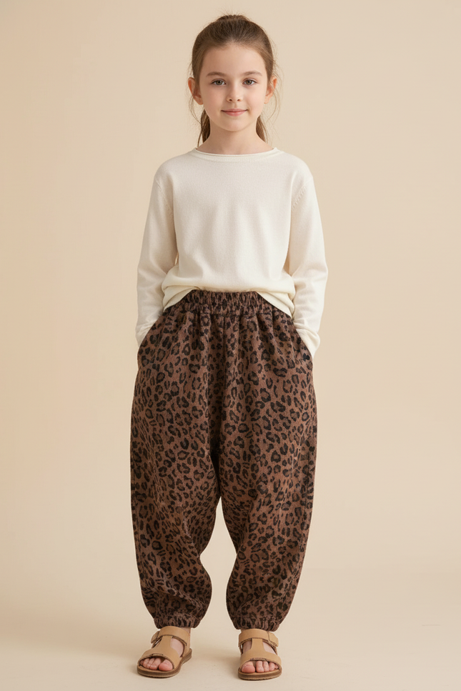Pantalon Baggy Léopard Marron Ample Élastiqué Fille - Molleton