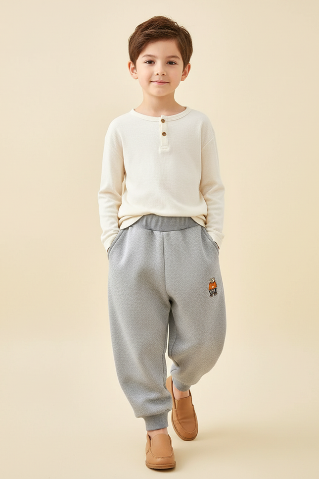 Pantalon Baggy Gris Molletonné Ample Brodé Enfant