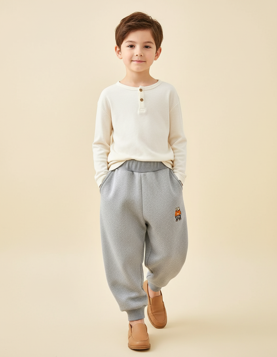 Pantalon Baggy Gris Molletonné Ample Brodé Enfant