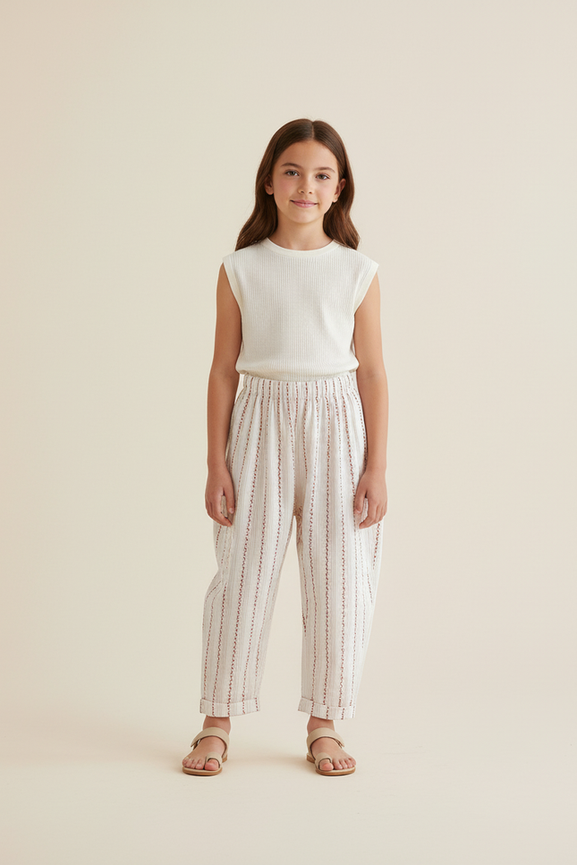 Pantalon Baggy Blanc Rayures Brique Coton Ample Enfant