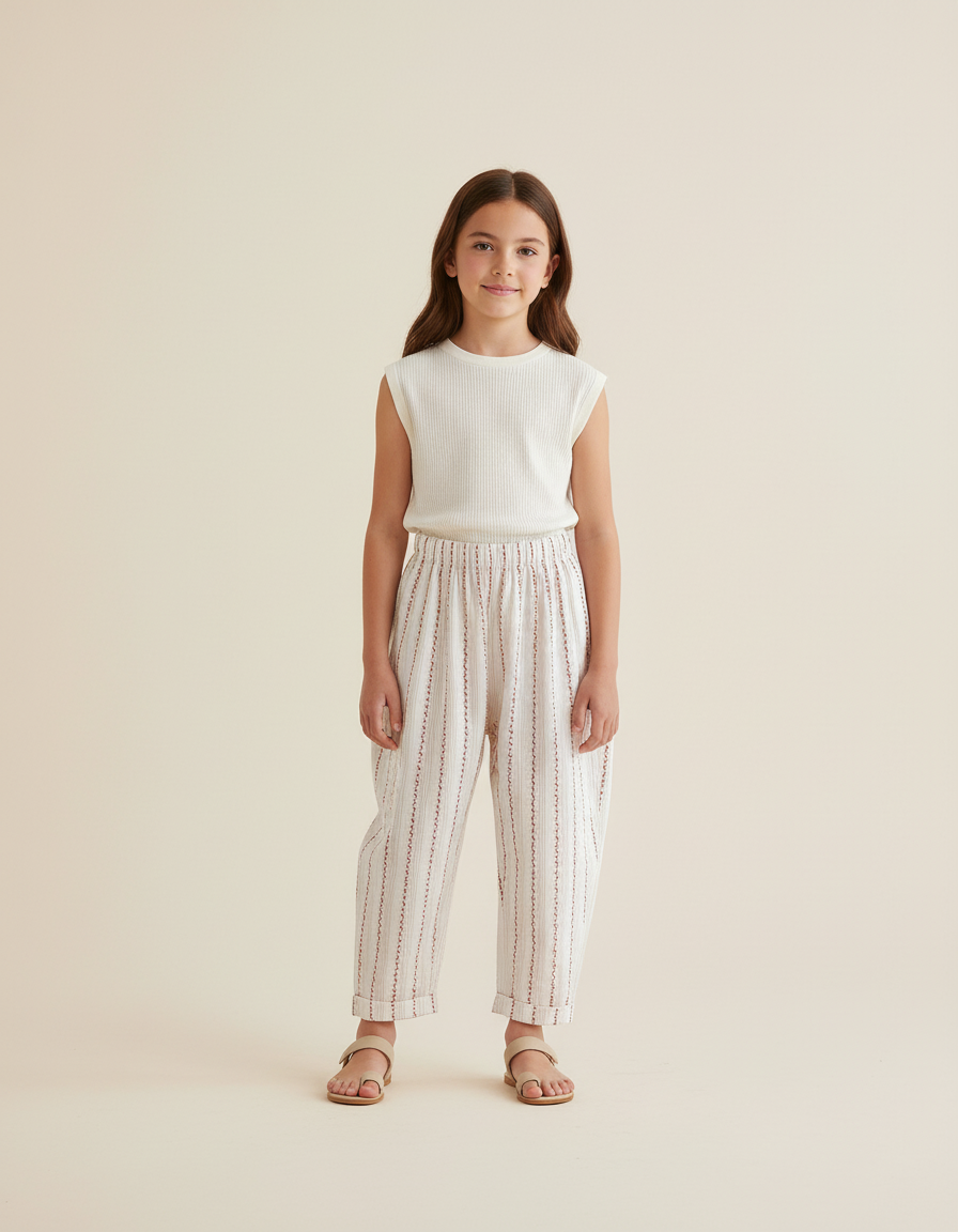 Pantalon Baggy Blanc Rayures Brique Coton Ample Enfant