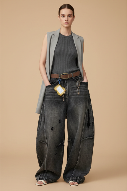 Pantalon Baggy Jean Noir Ample Droit Vintage Femme