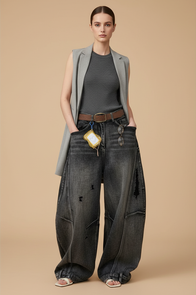 Pantalon Baggy Jean Noir Ample Droit Vintage Femme