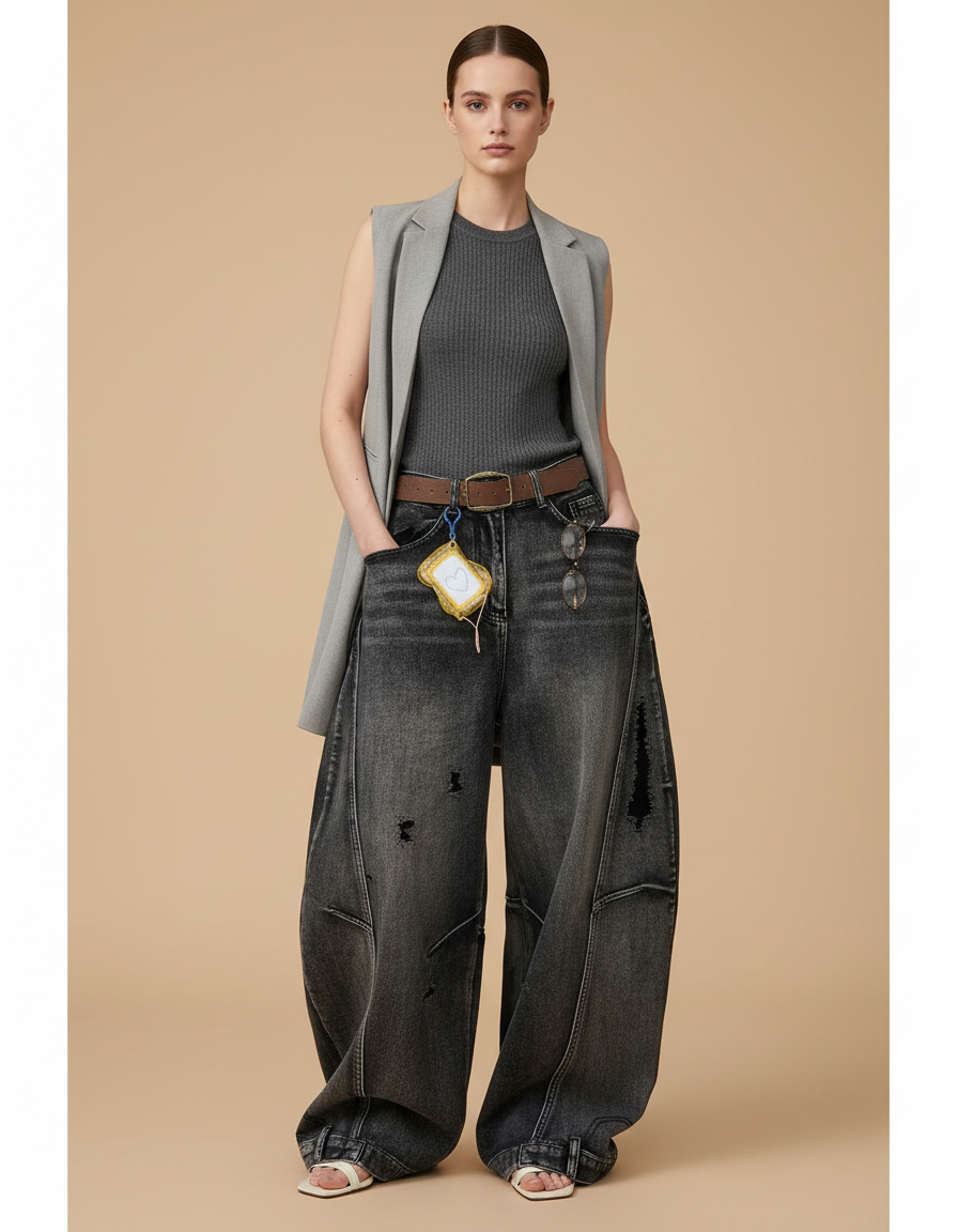 Pantalon Baggy Jean Noir Ample Droit Vintage Femme