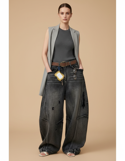 Pantalon Baggy Jean Noir Ample Droit Vintage Femme