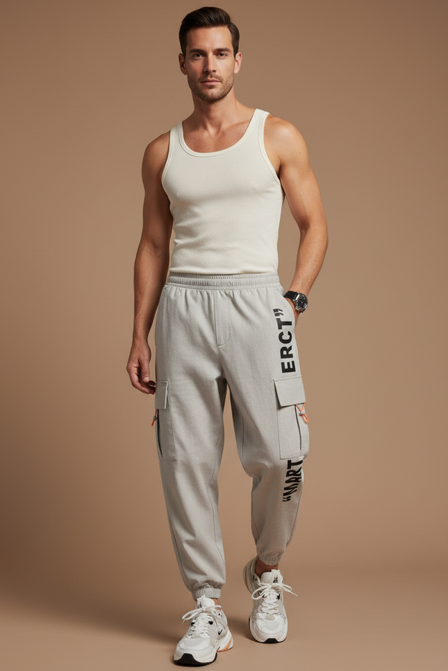 Pantalon Baggy Gris Cargo Ample Impression Décontracté Homme - Toile