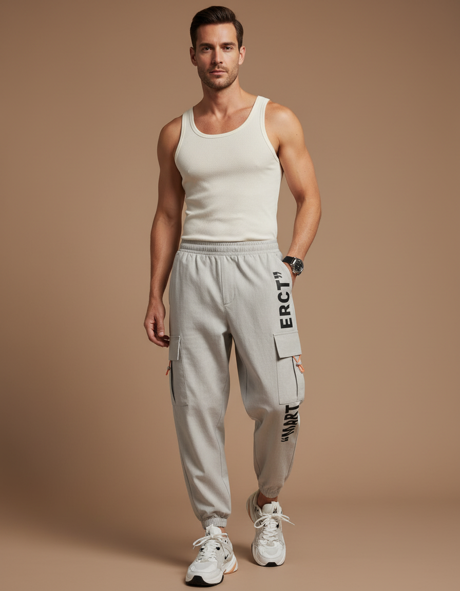 Pantalon Baggy Gris Cargo Ample Impression Décontracté Homme - Toile