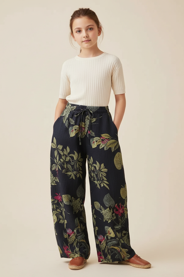 Pantalon Baggy Fleuri Noir Ample Fluide Bohème - Lin
