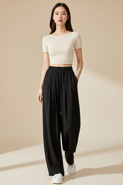 Pantalon Baggy Noir Fluide Ample Taille Haute Femme - Viscose
