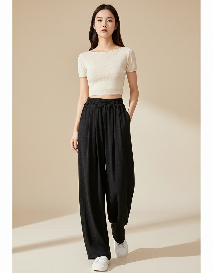 Pantalon Baggy Noir Fluide Ample Taille Haute Femme - Viscose
