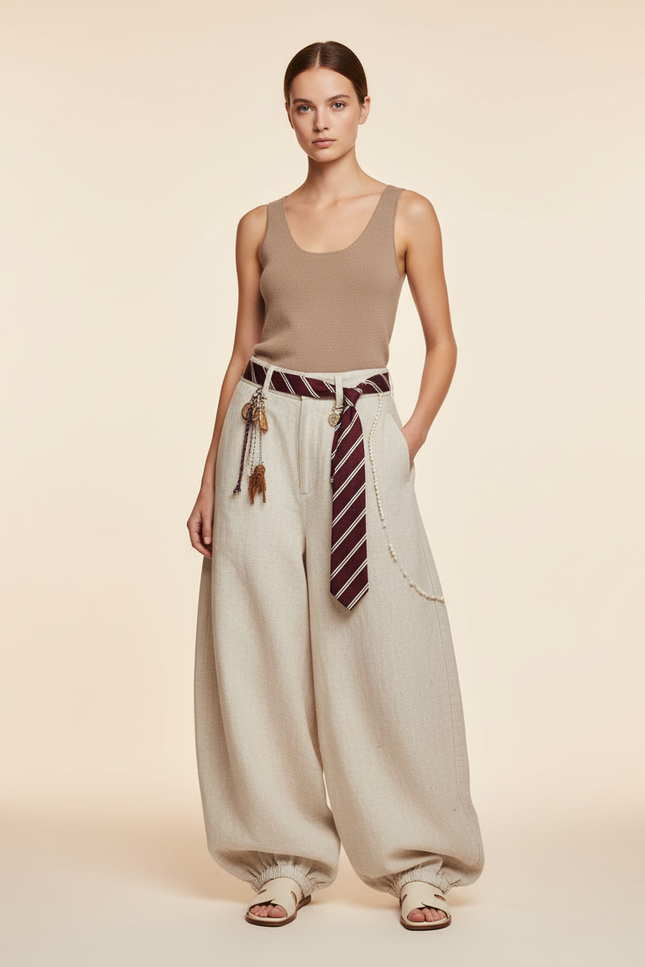 Pantalon Baggy Lin Ample Élastiqué Beige Femme Décontracté