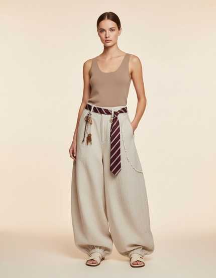 Pantalon Baggy Lin Ample Élastiqué Beige Femme Décontracté