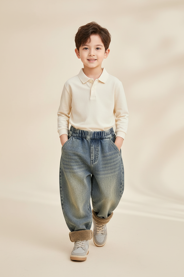 Pantalon Baggy Jean Ample Doublé Chaud Hiver Enfant - Bleu