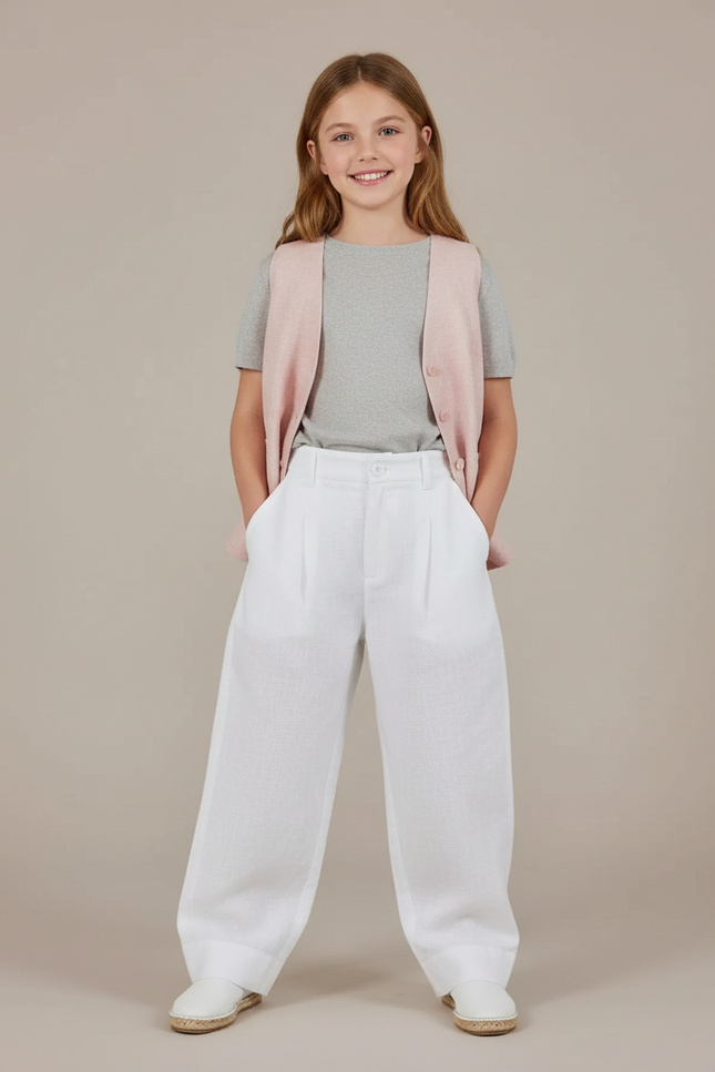 Pantalon Baggy Blanc Lin Ample Plissé Fille