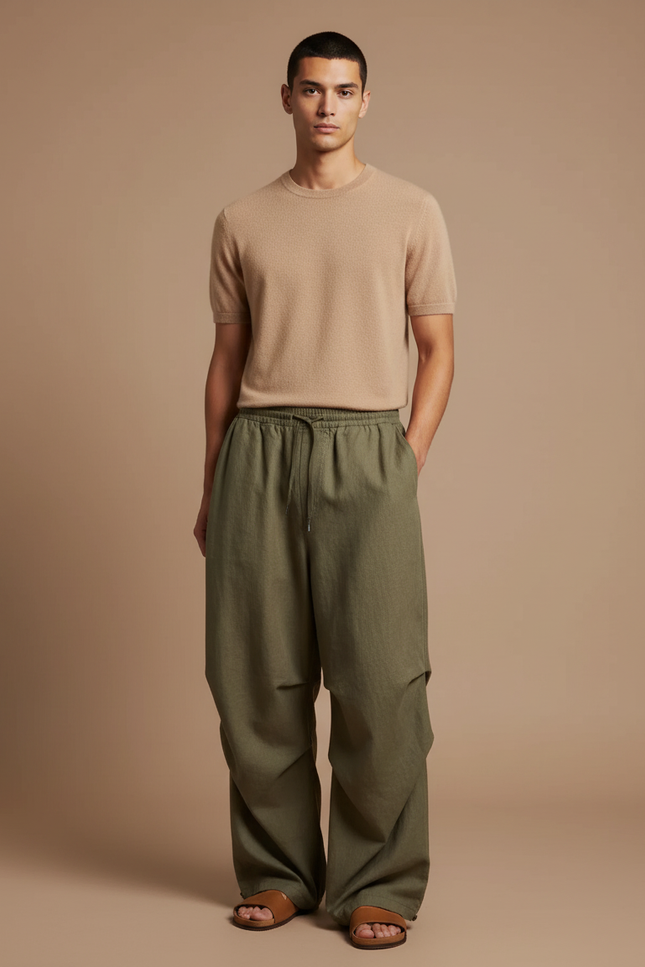 Pantalon Baggy Kaki Ample Décontracté Cordon Homme - Lin