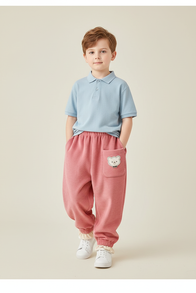 Pantalon Baggy Rose Côtelé Ourson Épais Enfant - Cordé