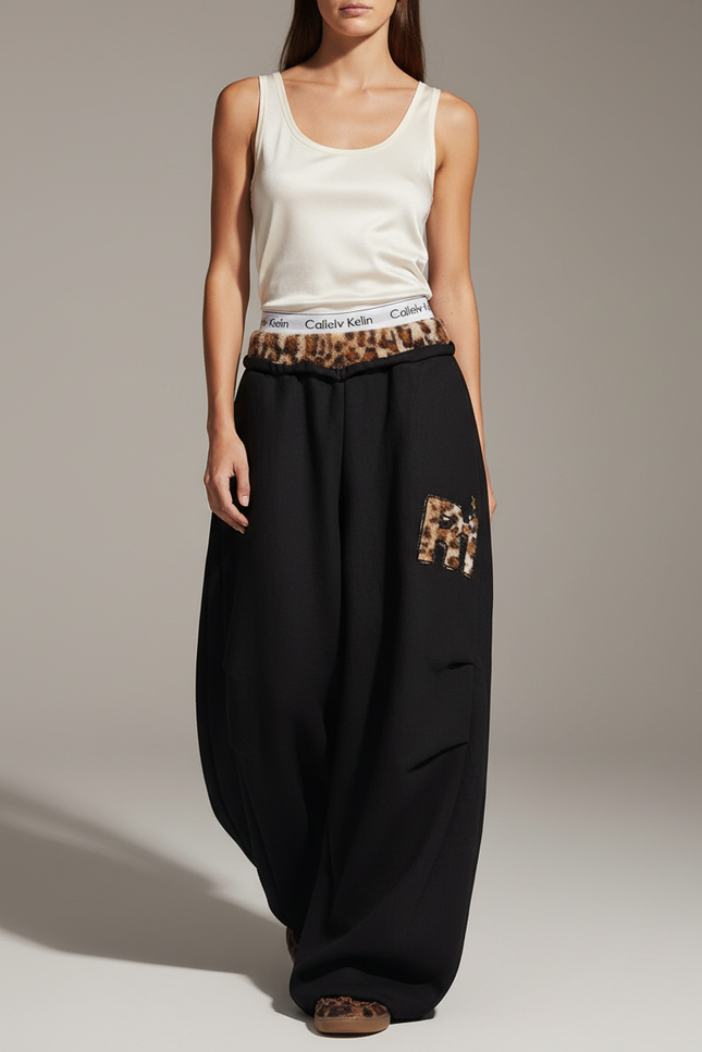 Pantalon Baggy Noir Ample Léopard Décontracté Femme - Molleton