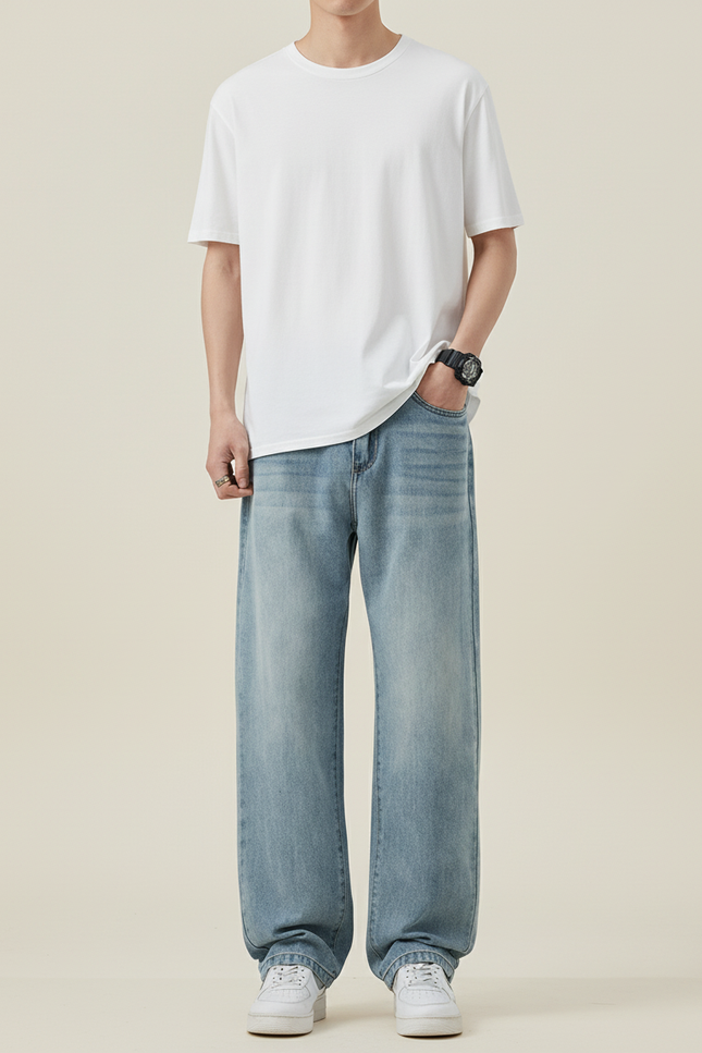 Pantalon Baggy Jean Bleu Clair Ample Décontracté Homme