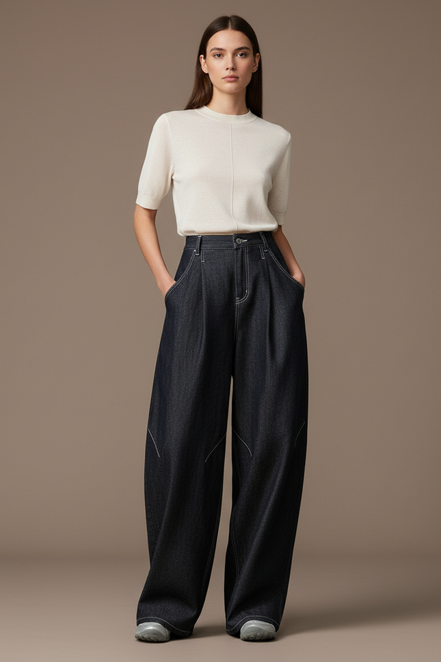 Pantalon Baggy Denim Large Plissé Taille Haute Femme - Marine Jean