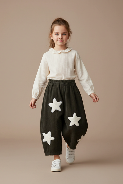 Pantalon Baggy Vert Côtelé Étoiles Ample Enfant - Kaki Cordé