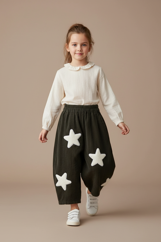 Pantalon Baggy Vert Côtelé Étoiles Ample Enfant - Kaki Cordé