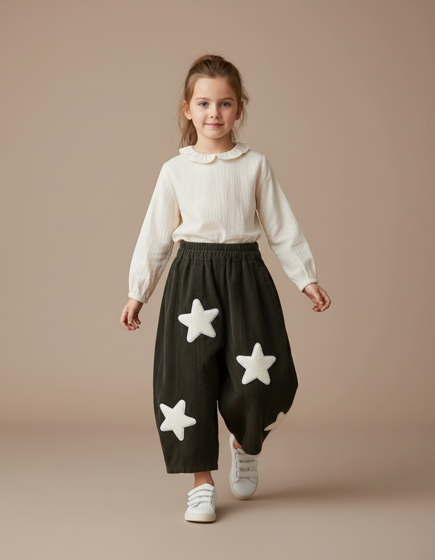 Pantalon Baggy Vert Côtelé Étoiles Ample Enfant - Kaki Cordé
