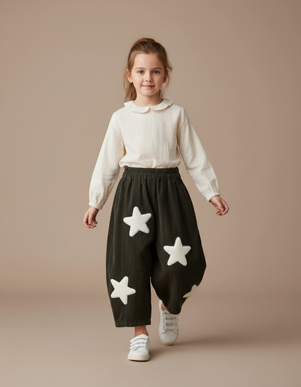 Pantalon Baggy Vert Côtelé Étoiles Ample Enfant - Kaki Cordé