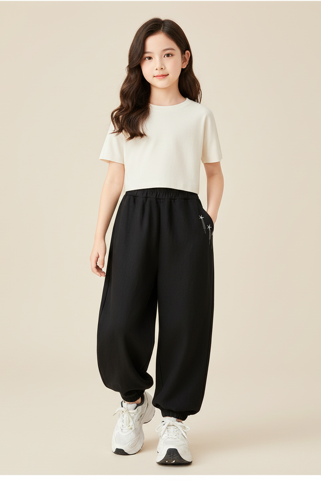 Pantalon Baggy Noir Ample Élastiqué Étoiles Fille - Molleton