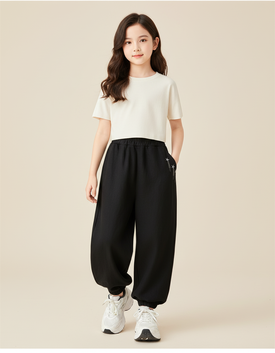 Pantalon Baggy Noir Ample Élastiqué Étoiles Fille - Molleton