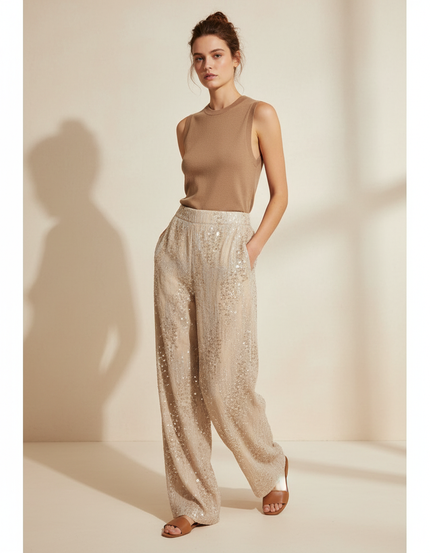 Pantalon Baggy Beige Pailleté Ample Brillant Femme - Polyester
