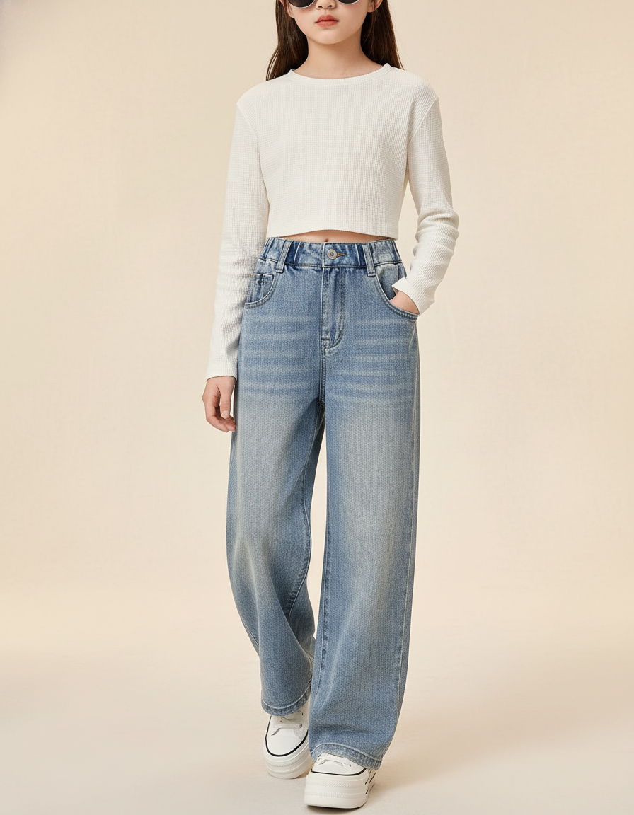 Pantalon Baggy Jean Denim Ample Décontracté Enfant - Bleu